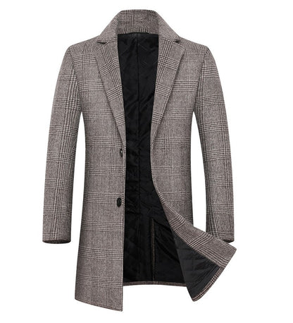 Gray plaid coat with black quilted lining, notch lapel, and two buttons, open stance.