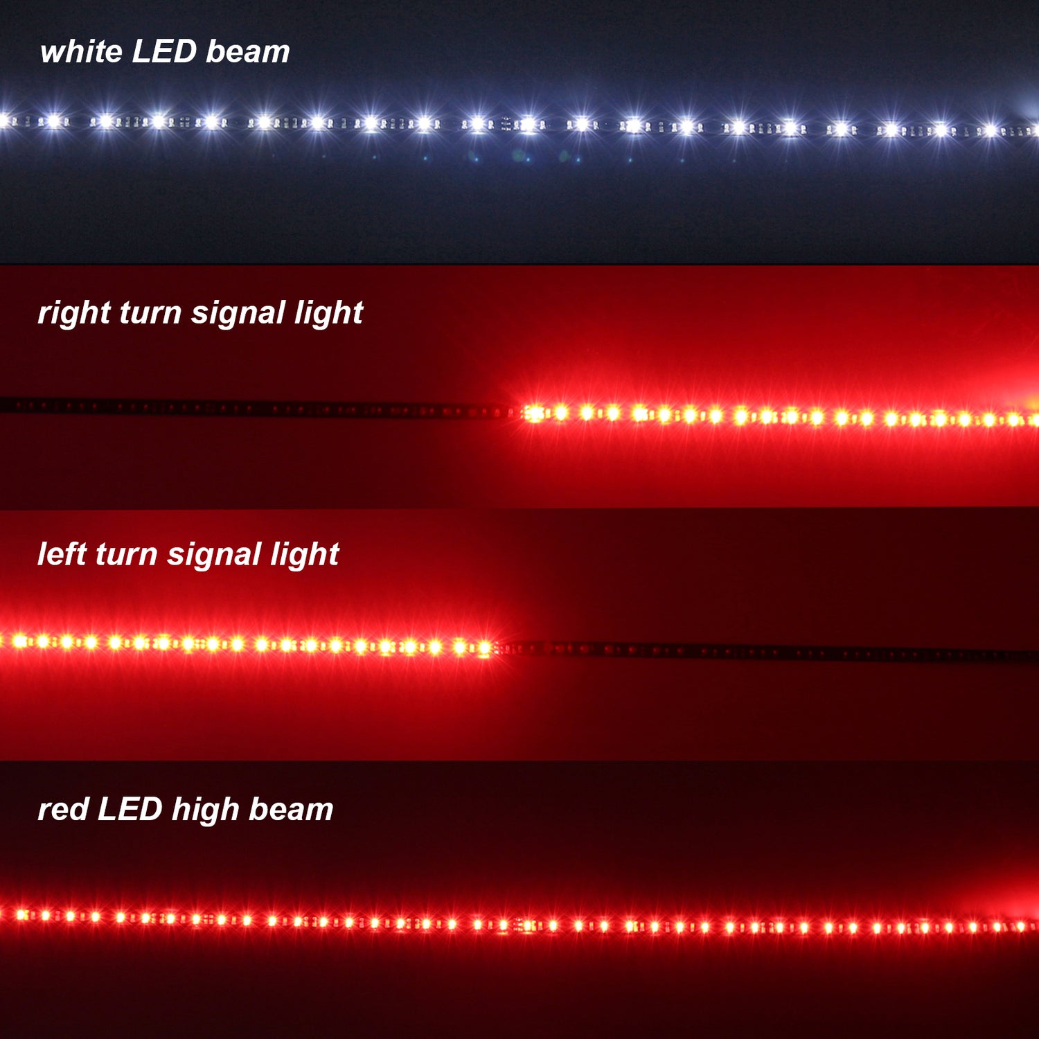 White and red LED strips showing different light signals: white, right/left turn, and high beam.