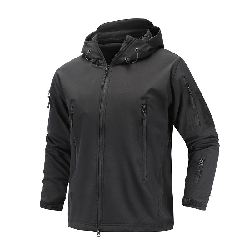 Black hooded jacket with multiple zippered pockets and adjustable cuffs.