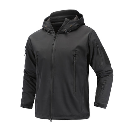 Black hooded jacket with multiple zippered pockets and adjustable cuffs.