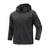 Black hooded jacket with multiple zippered pockets and adjustable cuffs.