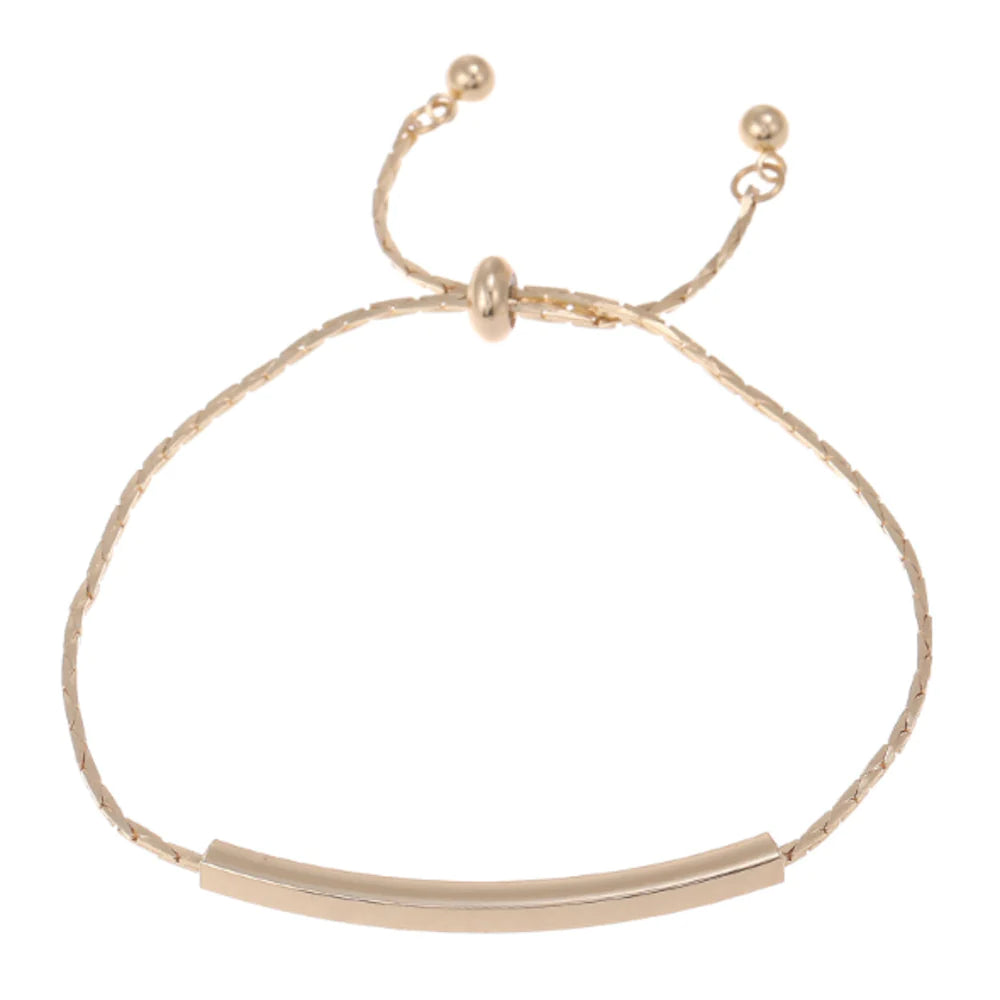 Gold adjustable bracelet with a sliding clasp and curved bar accent.