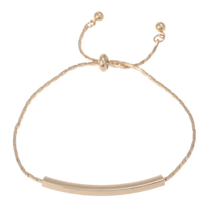 Gold adjustable bracelet with a sliding clasp and curved bar accent.