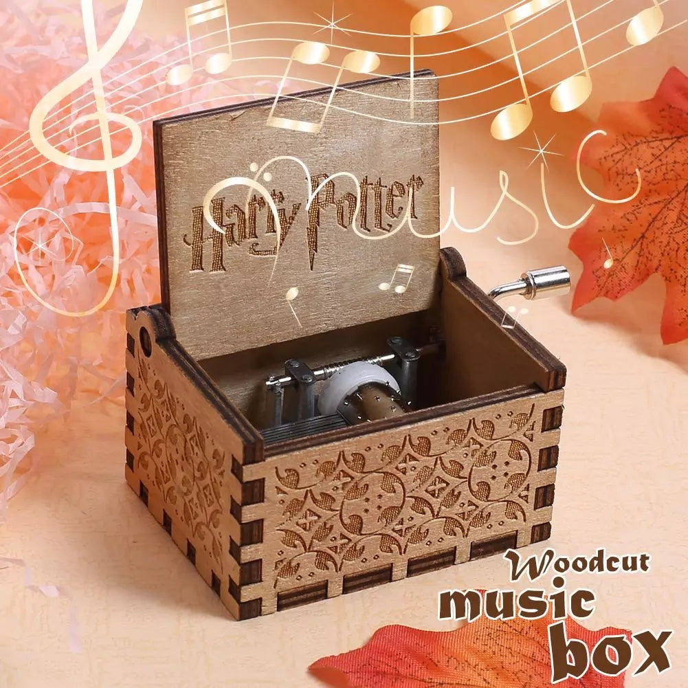 Wooden music box with intricate carvings, open lid, surrounded by musical notes and autumn leaves.