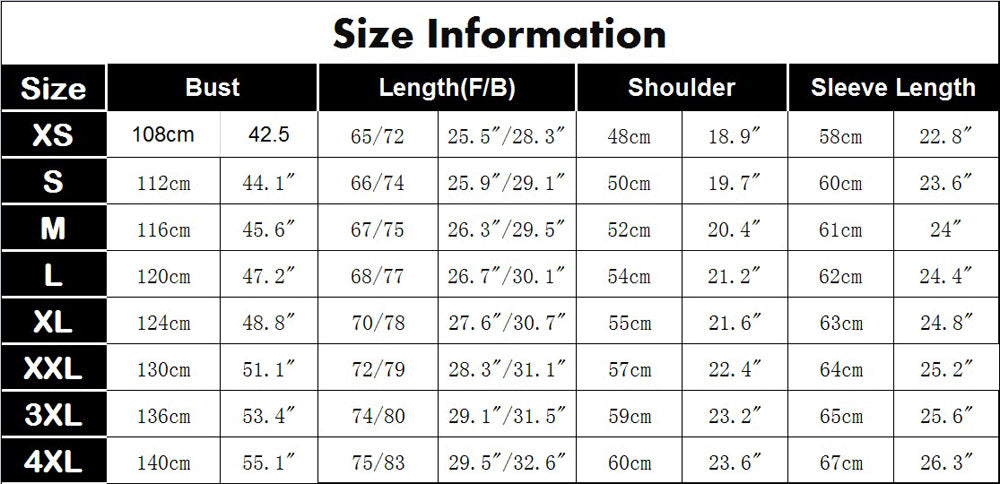 Size chart table with measurements for XS to 4XL; includes bust, length, shoulder, and sleeve.