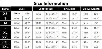 Size chart table with measurements for XS to 4XL; includes bust, length, shoulder, and sleeve.