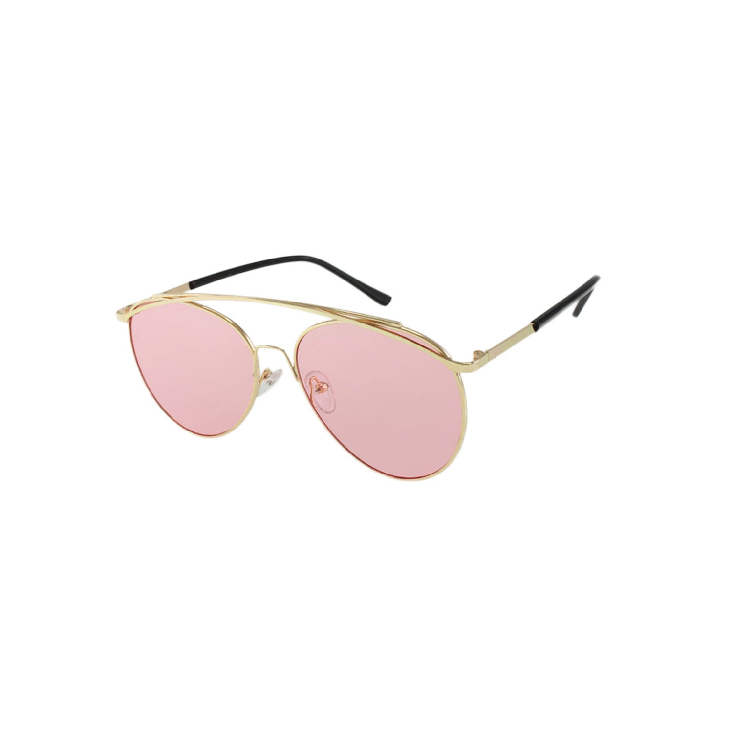 Gold wireframe sunglasses with pink tinted lenses and black temple tips.