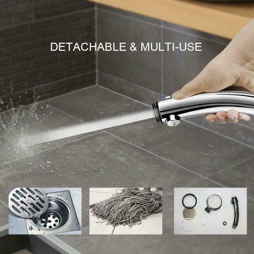 Hand spraying water in a tiled kitchen with a detachable faucet; images show drain, mop, and parts.