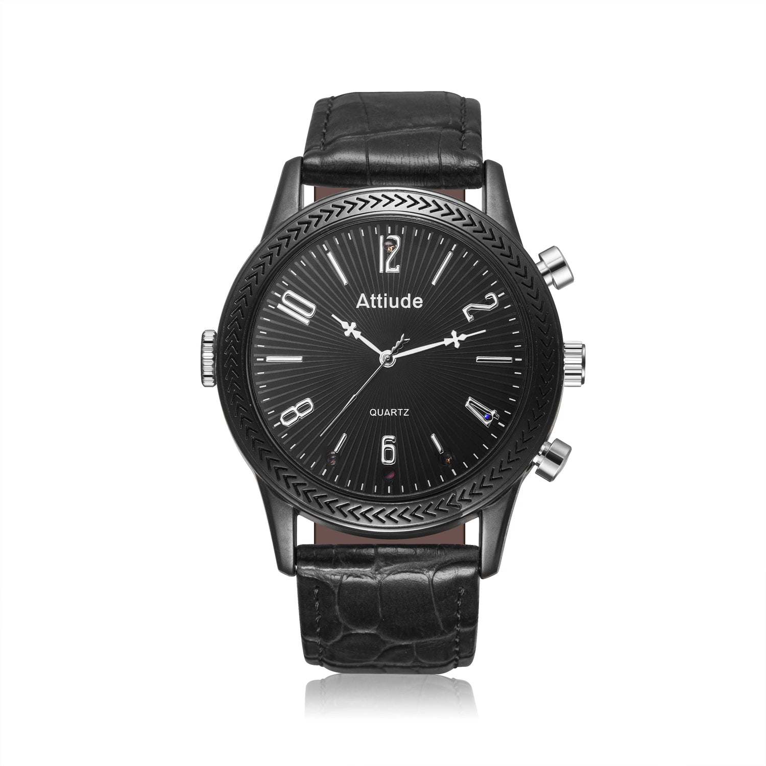 Black wristwatch with textured dial, silver hands, and numerals on a black leather band.