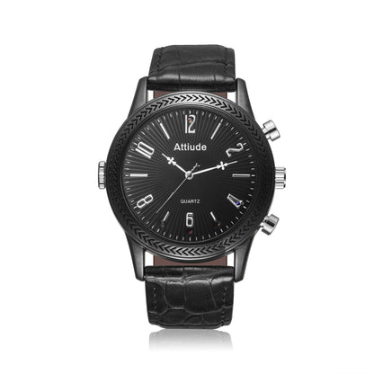 Black wristwatch with textured dial, silver hands, and numerals on a black leather band.