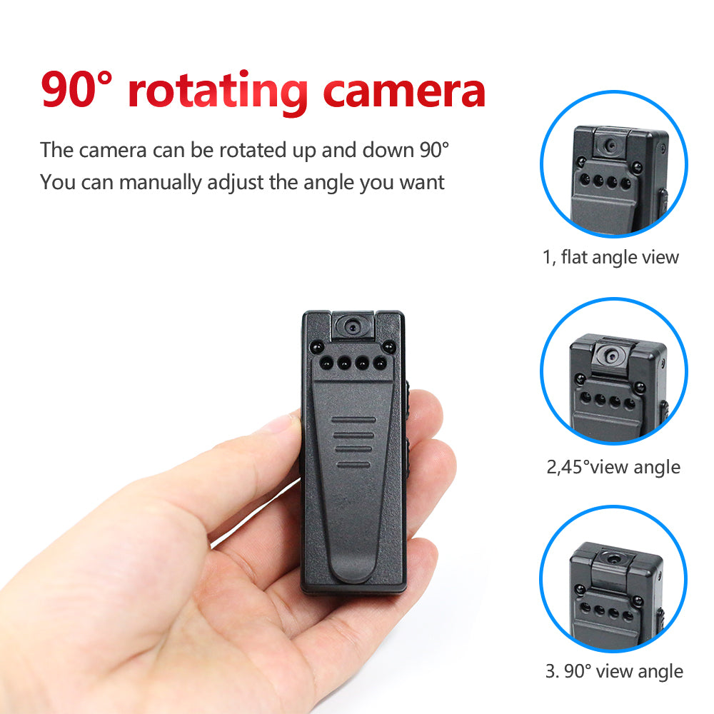Black handheld camera with 90° rotating lens; shown at flat, 45°, and 90° angles.