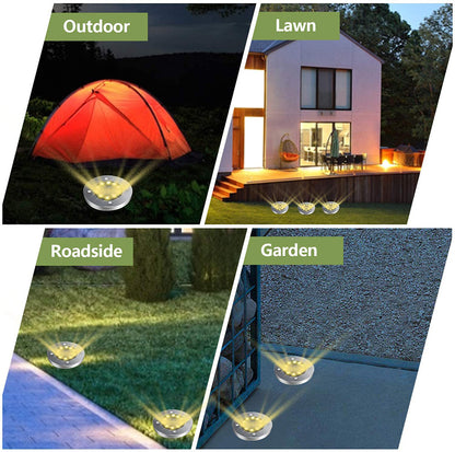 Solar lights in outdoor settings: tent, house lawn, roadside, and garden, emitting warm glow.