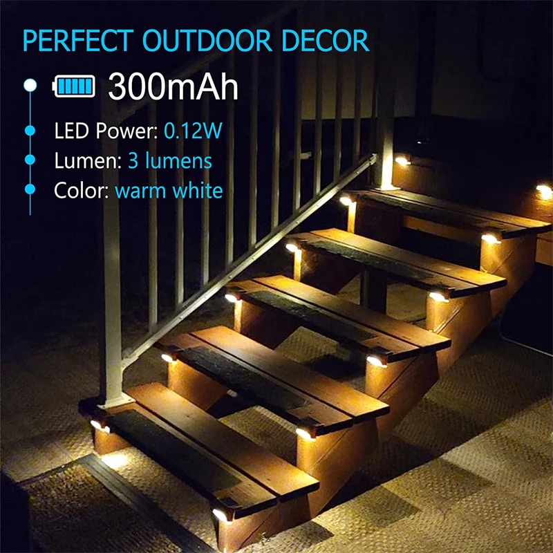 Wooden stairs illuminated by warm white LED lights with details on battery and power.