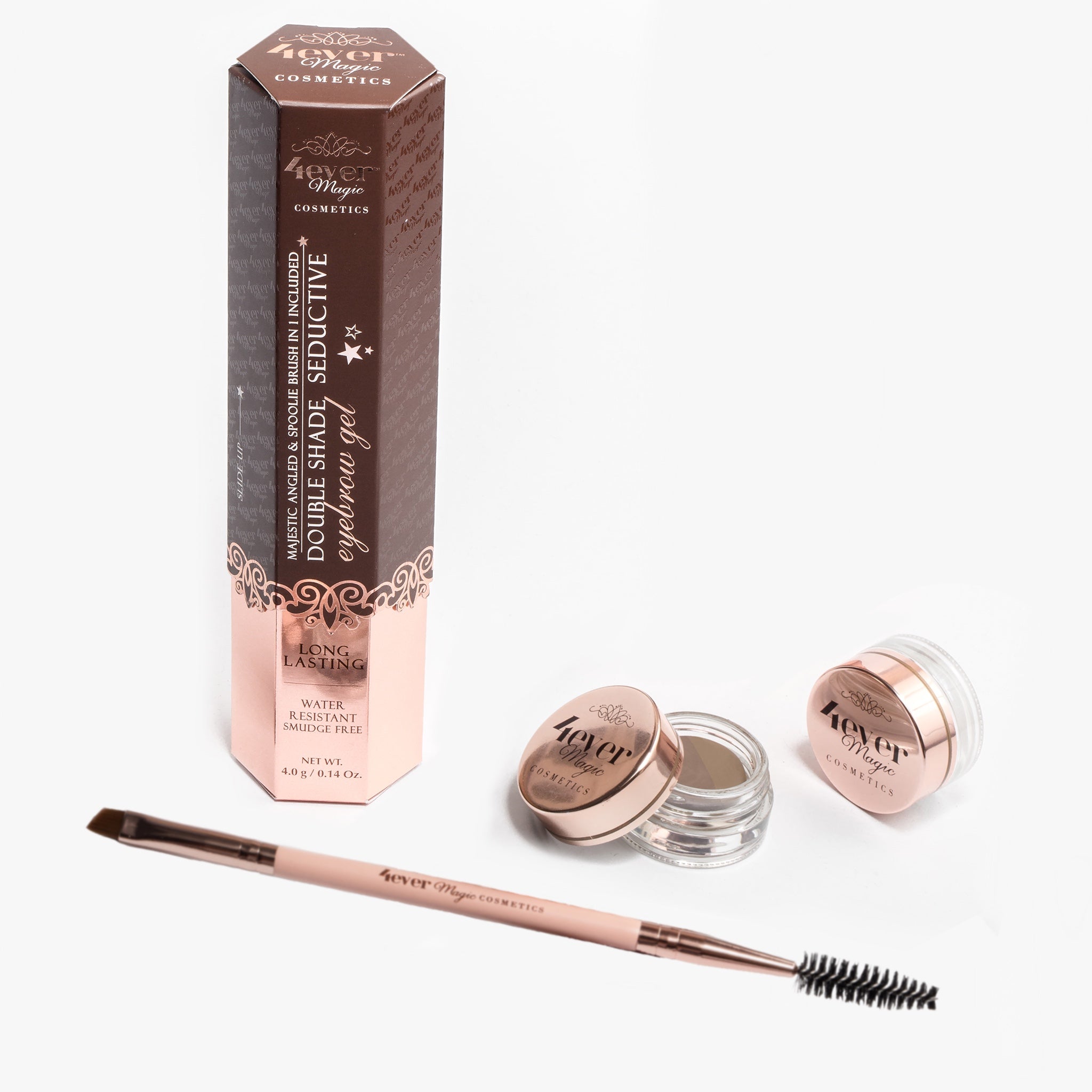 Brown and pink box with eyebrow gel pot, rose gold lids, and dual-ended brush on white background.