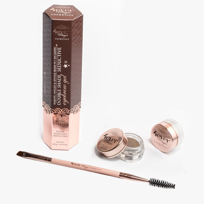 Brown and pink box with eyebrow gel pot, rose gold lids, and dual-ended brush on white background.