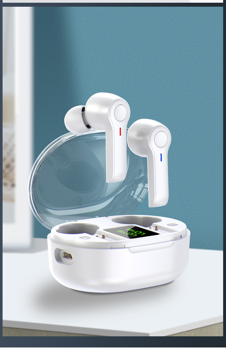 White wireless earbuds with charging case on a table, blue background. LED display on case.