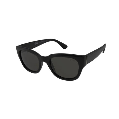 Black sunglasses with dark lenses and thick frames on a white background.