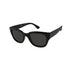 Black sunglasses with dark lenses and thick frames on a white background.