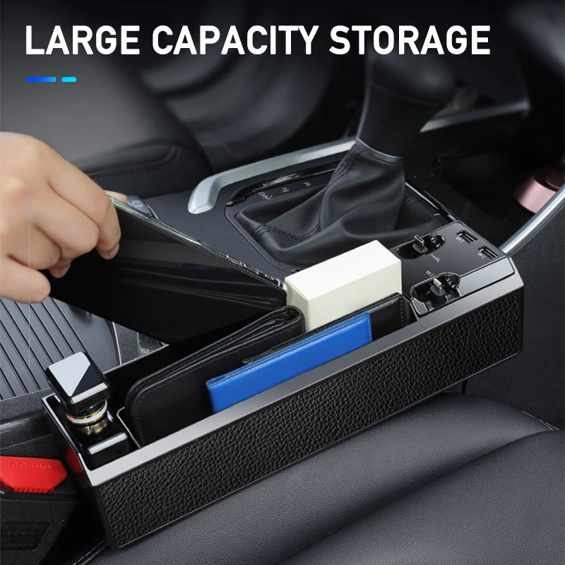 Car organizer next to gear shift, holding a phone, wallet, and various items, with "Large Capacity Storage" text.