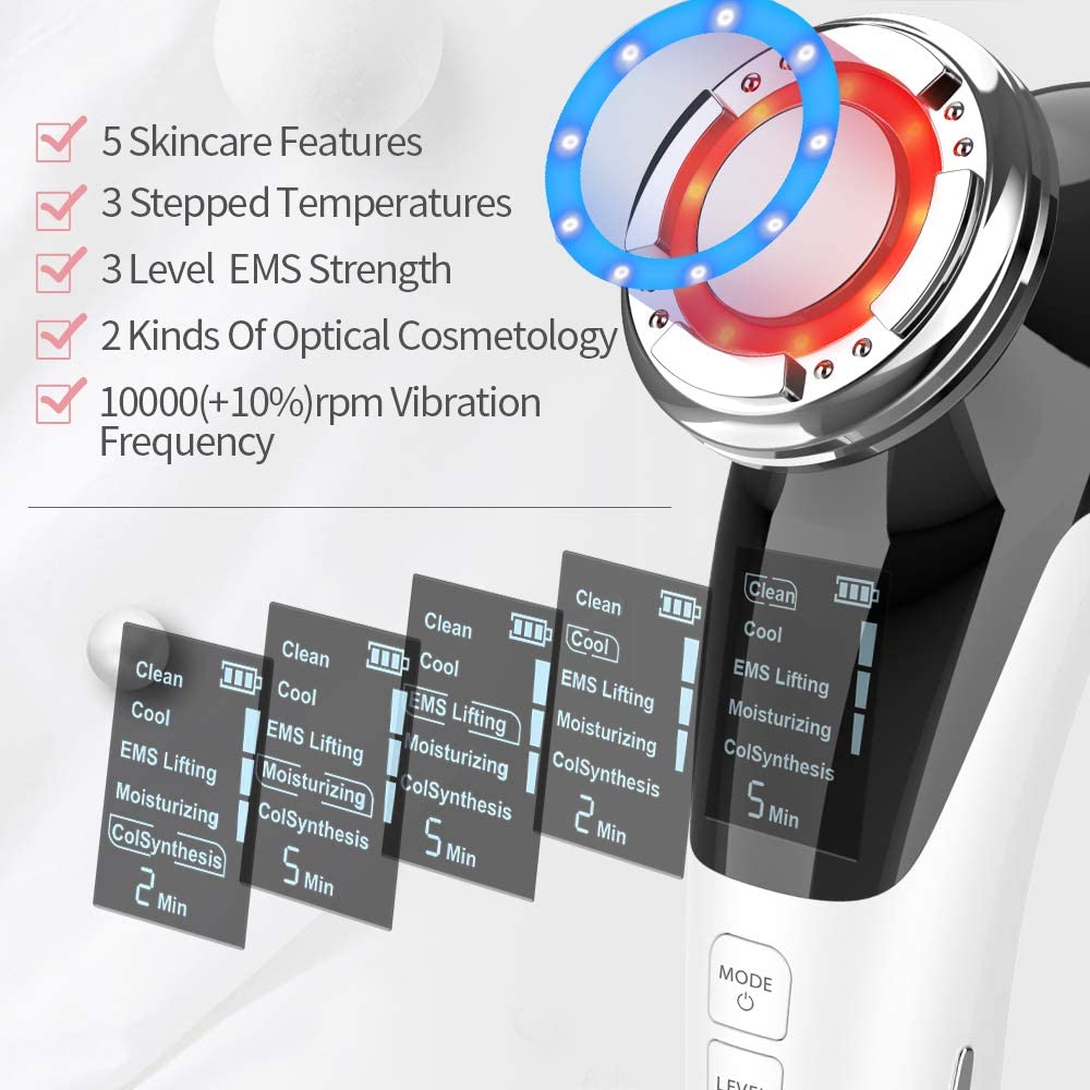 Skincare device with red and blue light ring, and black digital display showing treatment modes.
