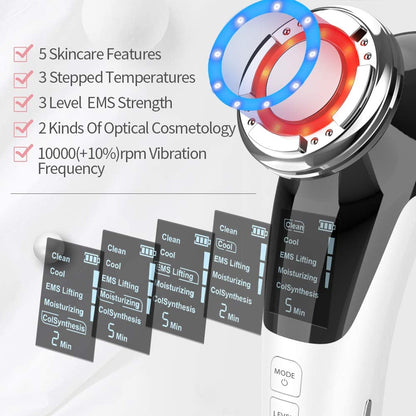 Skincare device with red and blue light ring, and black digital display showing treatment modes.