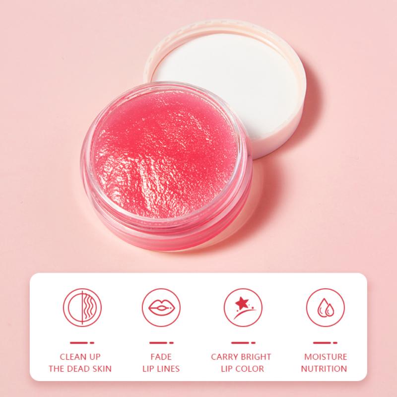 Open jar of glossy pink lip balm on a soft pink background with product icons below.