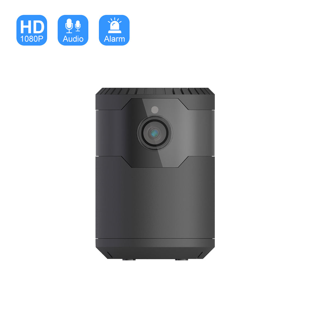 Black compact security camera with lens, HD, audio, and alarm icons above, on a white background.
