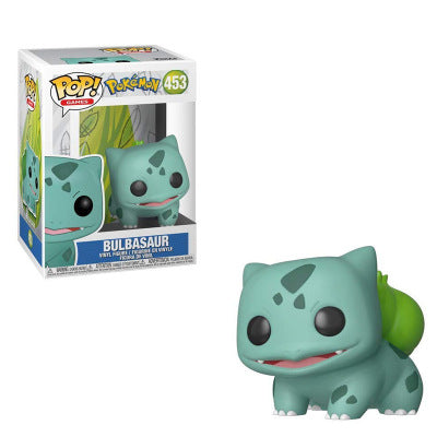 Funko Pop figure of a teal creature with dark spots and a green bulb, next to a branded box.