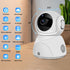 White spherical security camera on a table with icons showing features like HD picture and WiFi.