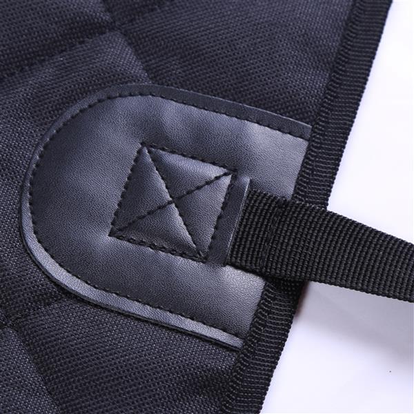 Close-up of black quilted fabric with leather reinforcement and stitched strap detail.