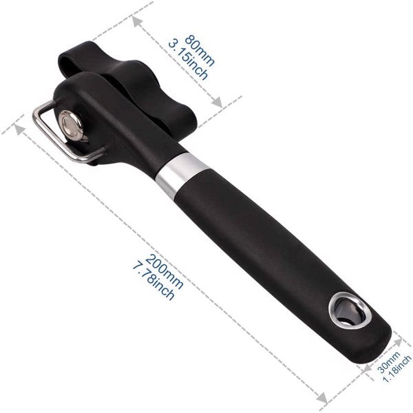 Black can opener with ergonomic handle; labeled dimensions: 80mm, 200mm, 30mm.