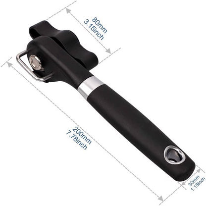 Black can opener with ergonomic handle; labeled dimensions: 80mm, 200mm, 30mm.
