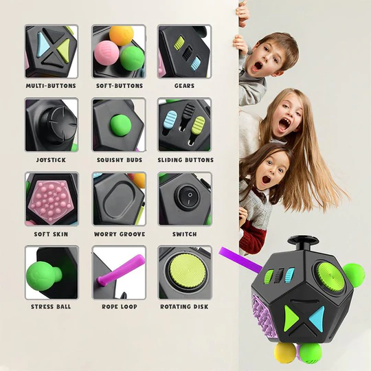 Children excitedly peek around a wall showcasing a black fidget toy with buttons and gears.