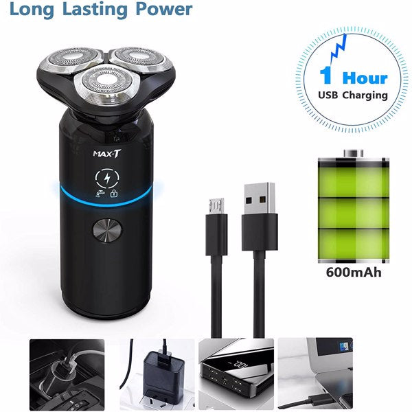 Black electric shaver with rotary heads, USB charging cable, and battery icon; "1 Hour USB Charging."