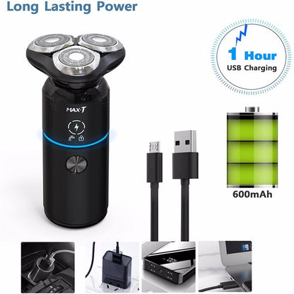 Black electric shaver with rotary heads, USB charging cable, and battery icon; "1 Hour USB Charging."