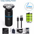 Black electric shaver with rotary heads, USB charging cable, and battery icon; "1 Hour USB Charging."