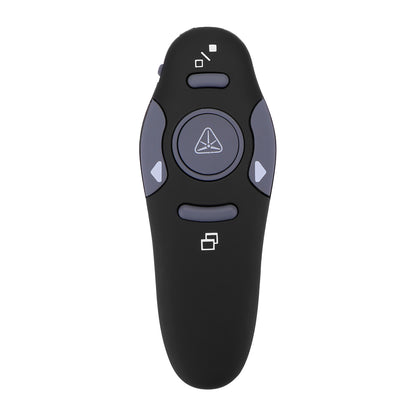 Black remote control with grey buttons and icons, including arrows and a triangle in the center.