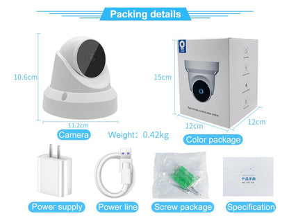 White security camera with black lens, accessories, and packaging are displayed with dimensions.