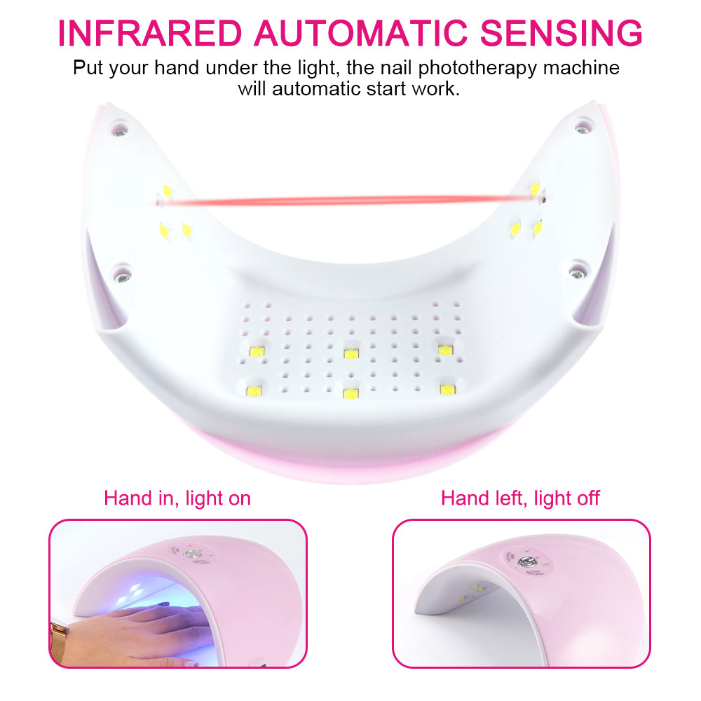 Pink and white nail lamp with infrared sensor and LED lights; hand activation illustrated below.