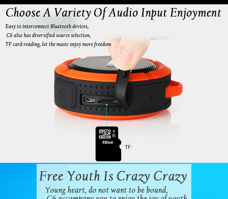 Orange portable speaker with black details, USB and TF card slots, text about audio inputs.