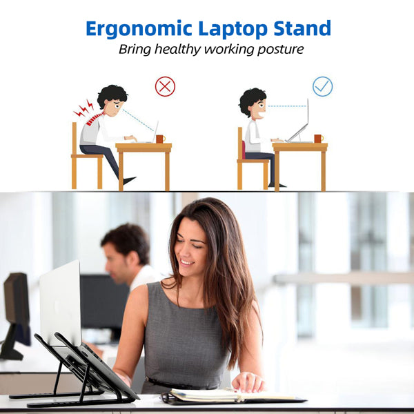 "Illustration and photo of a woman using an ergonomic laptop stand for better posture."