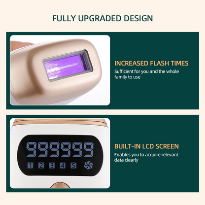 Handheld device with purple flash, LCD screen displaying "999999"; text highlights features.