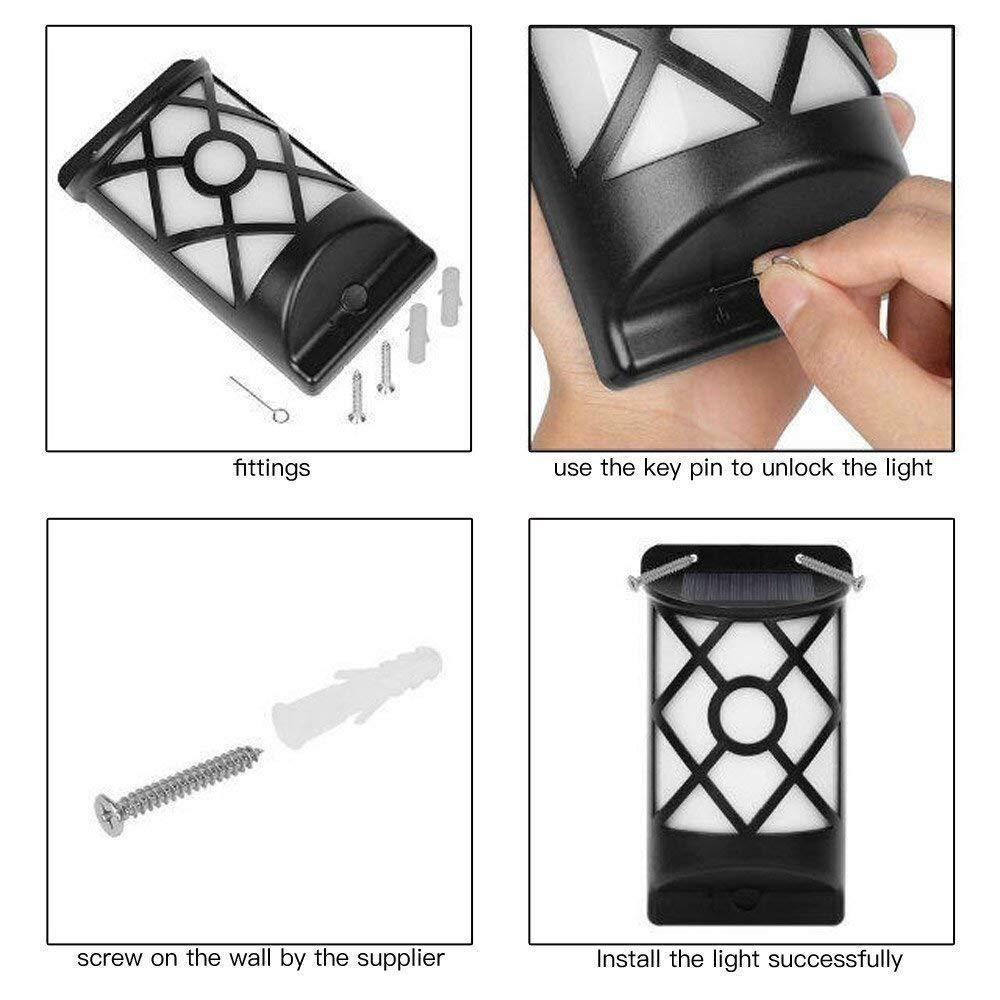 Four-step instruction for installing a black and white outdoor light with screws and a key pin.