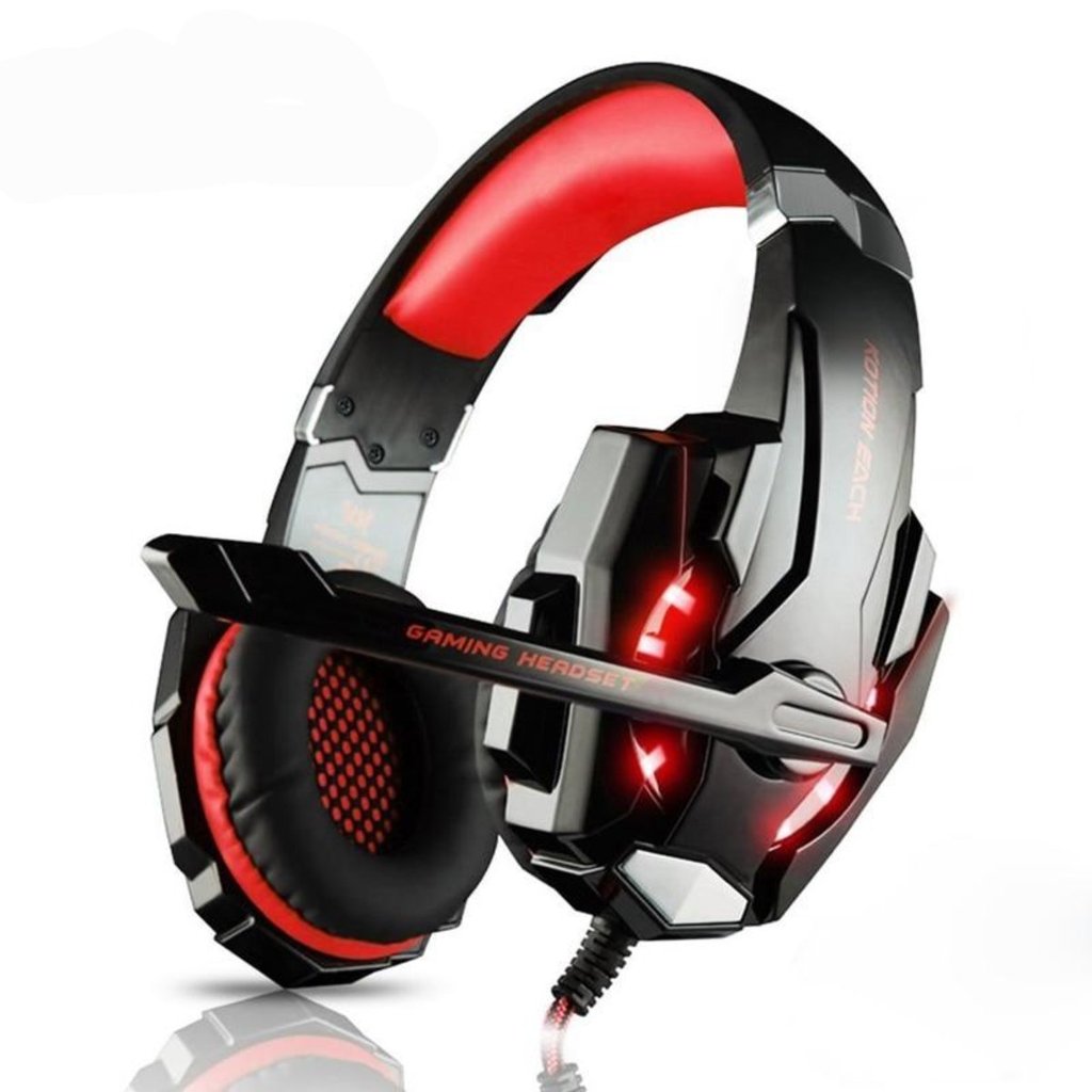 Black and red gaming headset with LED lights and a microphone.