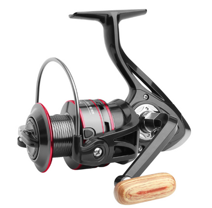 A black and red fishing reel with a wooden handle on a white background.