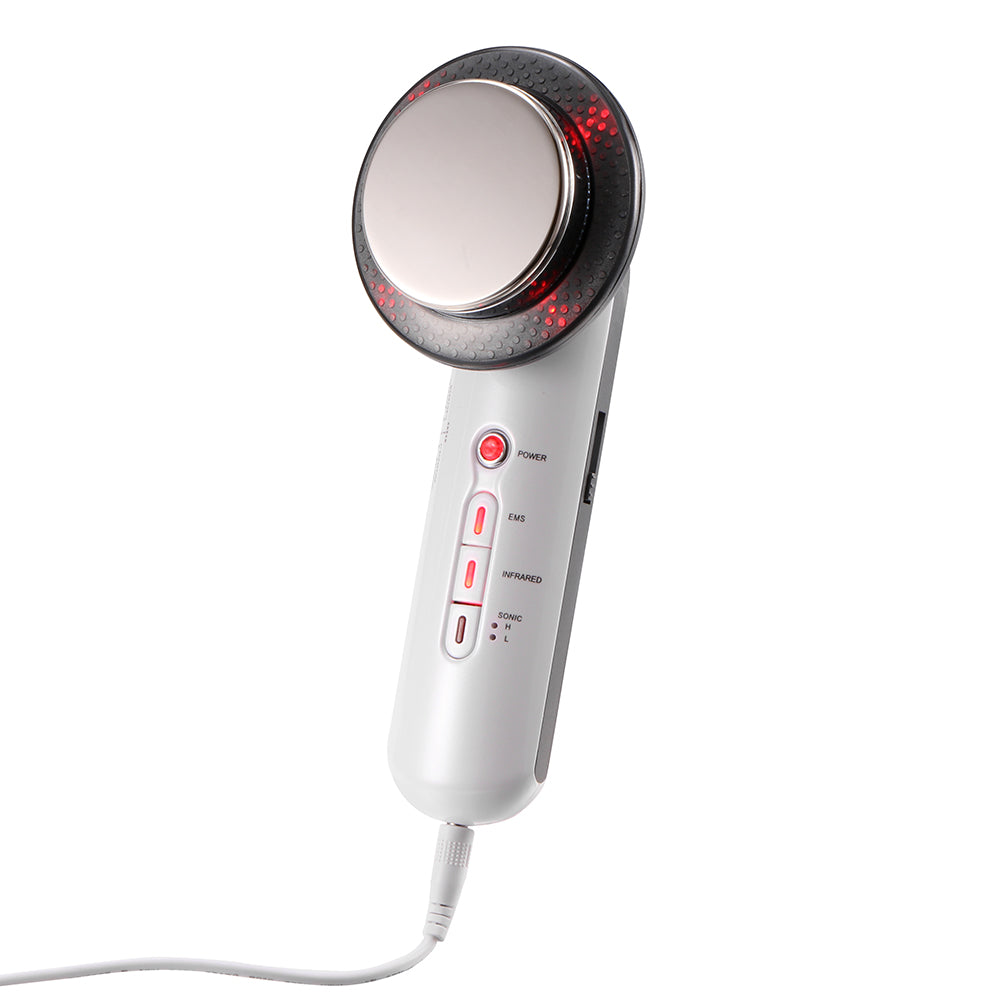 White handheld device with round metal head, red accents, and control buttons on the handle.