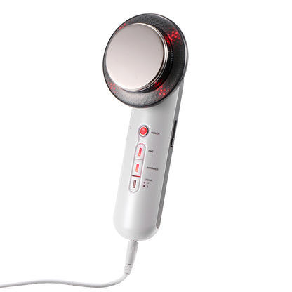 White handheld device with round metal head, red accents, and control buttons on the handle.
