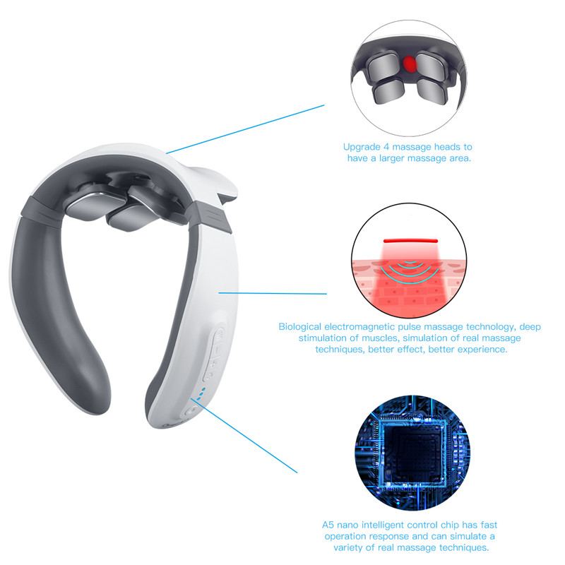 White and gray neck massager with four massage heads; features and technology details shown.