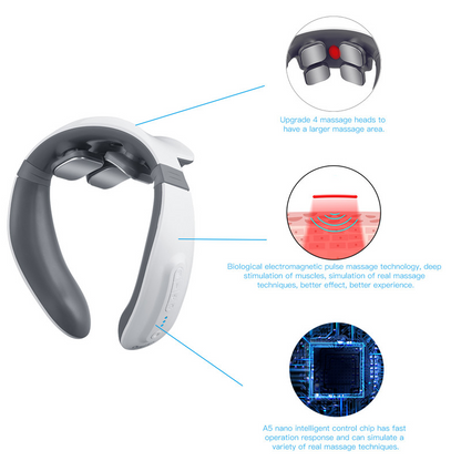 White and gray neck massager with four massage heads; features and technology details shown.