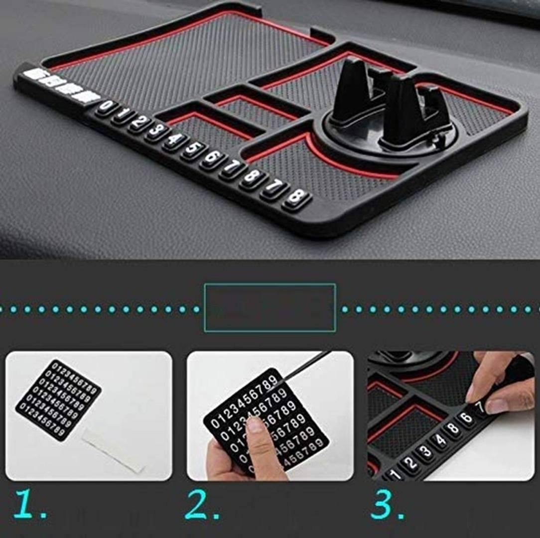 Black dashboard organizer with red accents, multiple compartments, and detachable numeric labels.